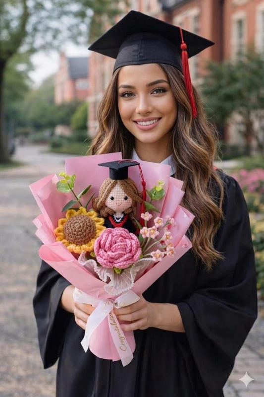 Crochet Graduation Bouquet  Handmade Class of 2026 Gift with Custom Graduate Doll & Flowers, Graduation Gift for Son,Flower Gift,Mother day